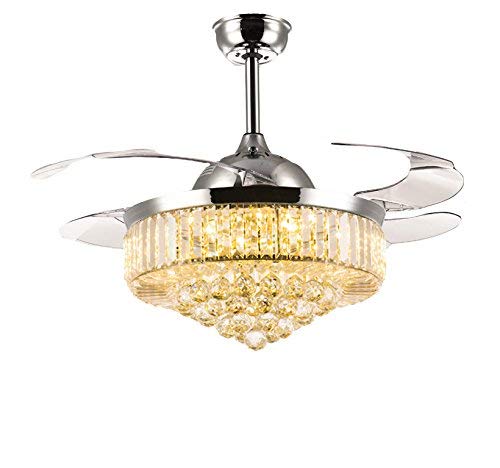 Siljoy Retractable Ceiling Fans with Lights and Remote Invisible Crystal Chandelier Lighting Dimmable LED 3 Color Changing Chrome Finish 36