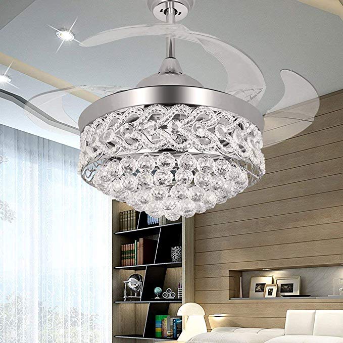 RS Lighting The Crystal Ceiling Fan for Room Decoration -42 inch Shrinkable Transparent Blades Fan and Chandelier With Remote and Lights-for Indoor Outdoor Living Dining Room Corridor (Silver)