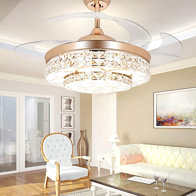 COLORLED Modern Crystal Ceiling Fan -42 Inch with Remote Control and Transparent Acrylic Retractable Blades and Lights for Living Room Bedroom Lighting Fan Chandelier Led Lights Fixture (Gold)