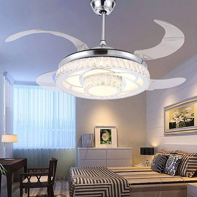 RS Lighting Modern Fashion Low Profile Ceiling Fan with Chandelier -for Indoor Living Dining Room Bedroom Crystal Chrome Ceiling Fan Light Kit (42-Inch, White)