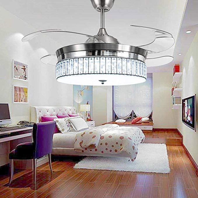 RS Lighting Crystal Ceiling Fans with Light and Remote Retractable 4 Acrylic Blades Modern Style Decorative Fan Chandelier for Indoor Living Room Bedroom-Chrome