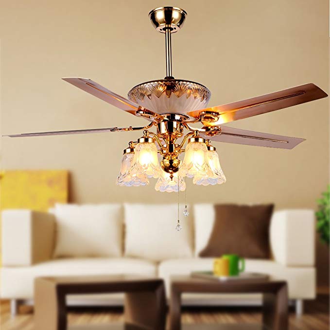 RainierLight Modern Crystal Ceiling Fan Remote Control 5 Reversible Blades 5 Frosted Glass Cover for Indoor/Bedroom/Living Room LED Fan Chandelier Mute Fan 52 Inch