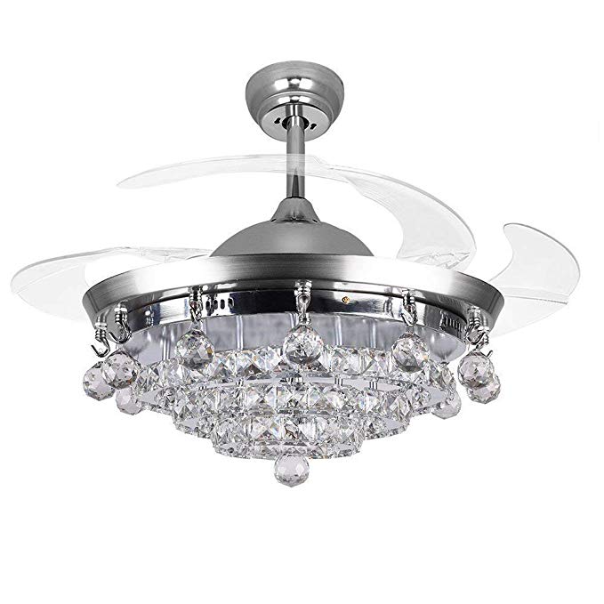 RS Lighting Retractable Blades Ceiling Fan Chandelier-42 Inch With Remote Control and Crystal Modern Style for Indoor, Outdoor, Bedroom, Living Room Fan Light (Chrome)