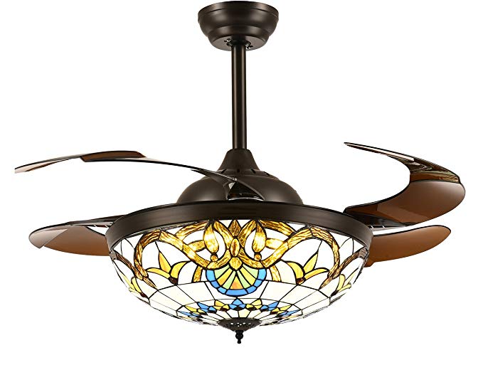 Siljoy Tiffany Style Ceiling Fans with Lights and Retractable Blades Dark Brown Invisible Fan Chandelier Dimmable LED Lighting (Warm/Daylight/Cool White) 36 INCH