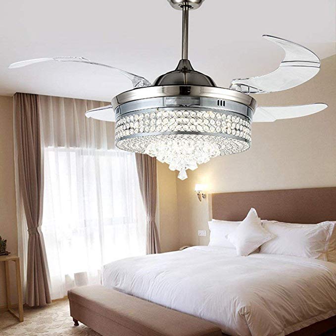 RS Lighting Unique Crystal Ceiling Fan and Light with Remote Control 36W LED 3 Changing Color Fan Chandelier Simple Style for Restaurant Living Room Bedroom-Chrome
