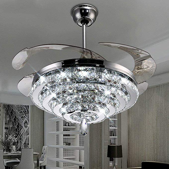 Lighting Groups Invisible Ceiling Fans 4 Circles Crystal Ceiling Fans Lamp-42 inch Transparent Retractable Blades Remote Control Fans Chandelier With LED Three Color Lights -for Indoor (Silver)