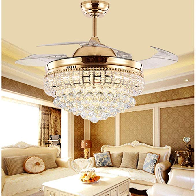 Lighting Groups 42 Inch Crystal Invisible Ceiling Fan with Light, 4 Retractable Blades Fan Chandelier with Remote Control, LED Ceiling Light Fixtures with Fans Has 3 Colors Changed for Indoor (Gold)