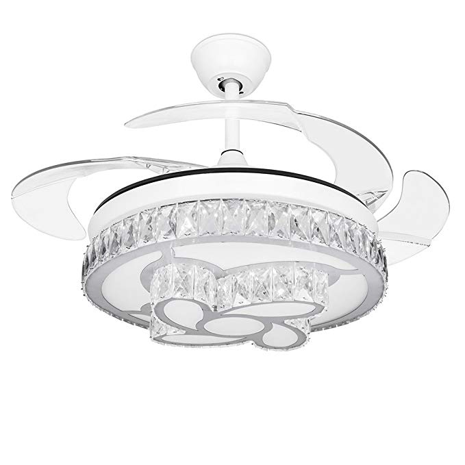 COLORLED Crystal Ceiling Fan with Flower Shade Design Retractable Blades Ceiling Fan With Chandelier and Remote-for Indoor, Outdoor, Living Dining Room Corridor-White