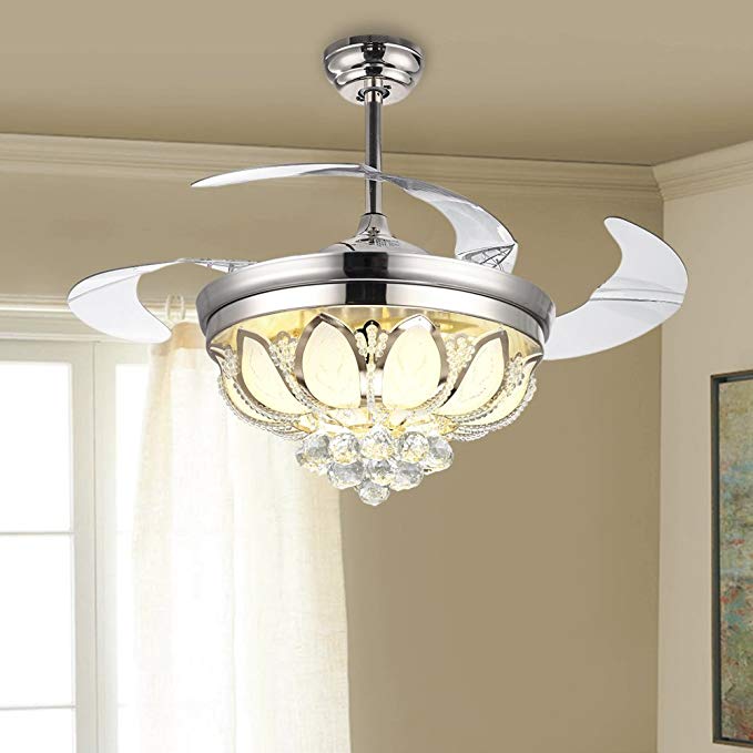 Modern Fashion 42 Inch Crystal Ceiling Fan Lamp Living Room Bedroom Dining Room Remote Control Chandelier Lighting (Silver)