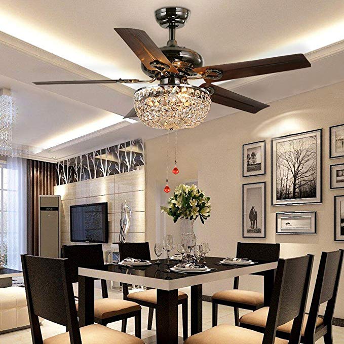 LuxureFan Retro Crystal Ceiling Fan Light with Elegant Crystal Cover and 5 Premium Metal Leaves Elegant for Modern Living Room Restaurant Pull Chain Control of 42Inch