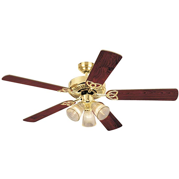 7804365 Vintage Three-Light 52-Inch Reversible Five-Blade Indoor Ceiling Fan, Polished Brass with Clear Ribbed Glass Shades
