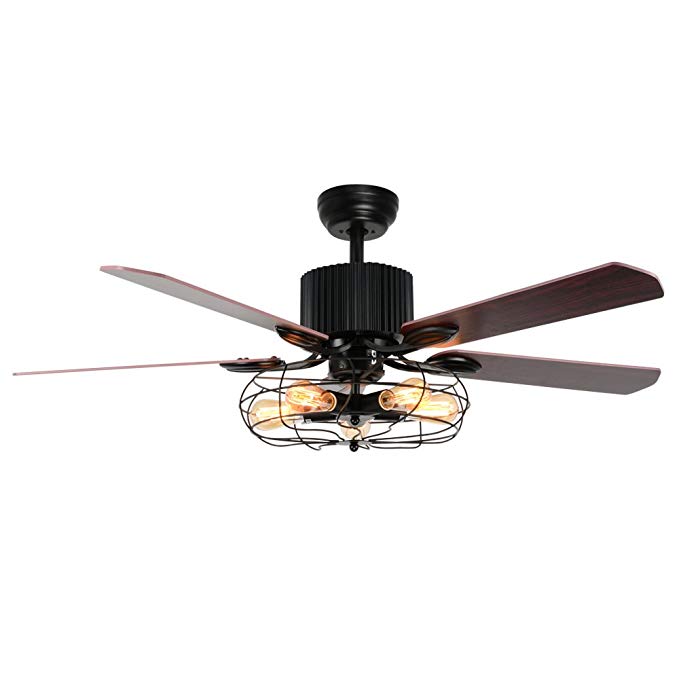 LuxureFan Industrial Retro Ceiling Fan Light Elegant for Restaurant/Living Room with Create Iron Cage Cover and 5 Reversible Wood Leaves Remote Control of 52Inch