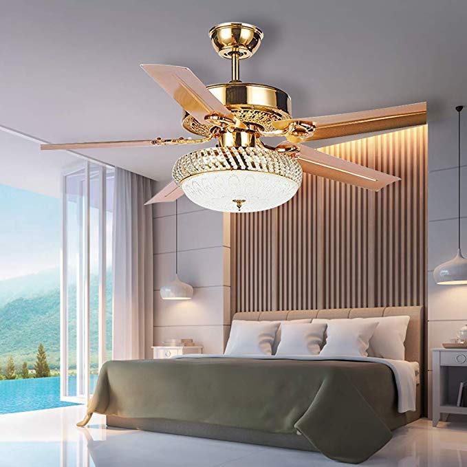 RainierLight Modern Crystal Ceiling Fan Lamp LED 3 Changing Light 5 Reversible Blades Frosted Glass Cover with Remote Control for Indoor/Bedroom 52-Inch Mute Energy Saving Fan (Metal Blades)
