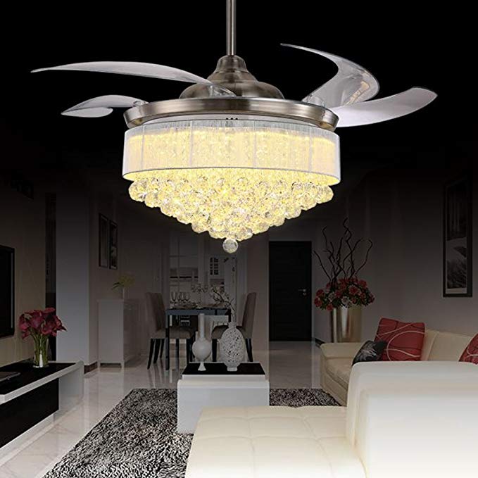 RS Lighting Ceiling Flush Mounted Light Kit 42-Inch Blades Ceiling Fan for Living Room Bedroom Restaurant Three Color Changing Chandelier Electric Fan (Chrome)