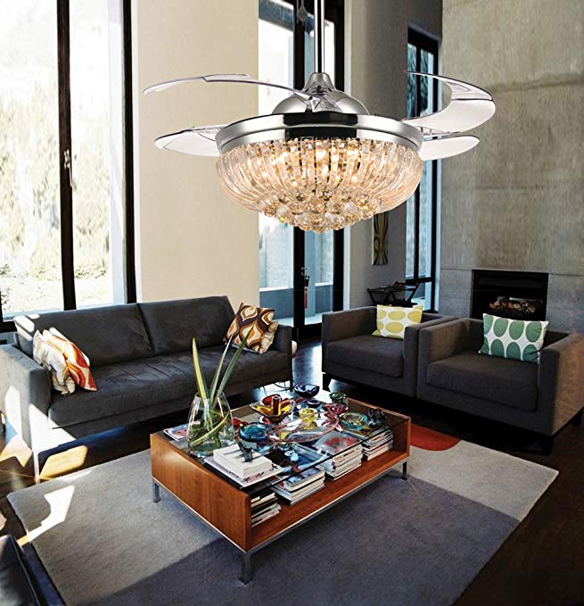 Siljoy Dimmable Ceiling Fans with Lights and Remote 3 Color Changing Retractable Crystal Invisible Chandelier Fan-Chrome 36