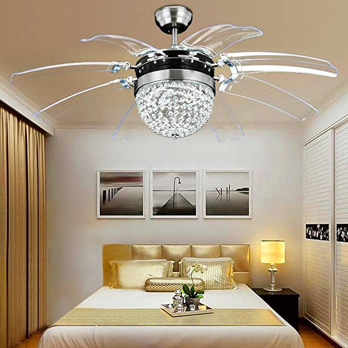 Modern Ceiling Fan Crystal Remote Control with Lights Invisible LED Fan Lights for Decorating Living Room Dining Room with Led Chandelier 42 Inch Silver
