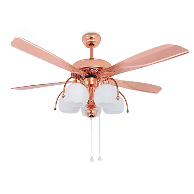Tropicalfan 48 Inch Metal Ceiling Fan With 5 Glass Light Cover 5 Reversible Blades Home Decoration Living Room Bedroom Quiet Fans Chandelier Rose Gold