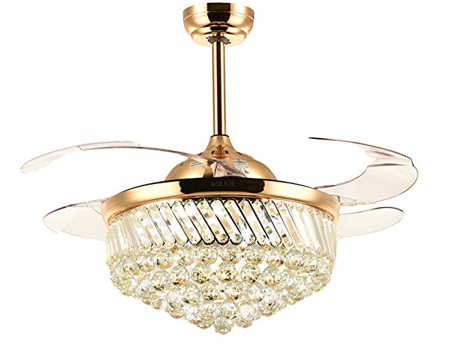 Siljoy 42 inch Invisible Ceiling Fans with Lights Modern Retractable Crystal Chandelier Fan with Remote and Dimmable Gold