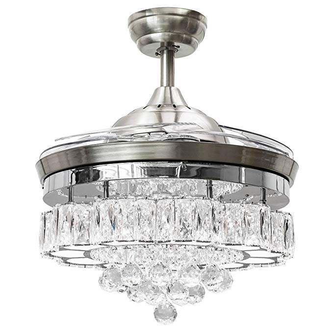 Huston Fan Mute Crystal Chandelier Fan with 4 Acrylic Retractable Blades LED Varible Light Decorative Remote Ceiling Fan Light Living Master Bedroom(42 Inches, Silver-4)